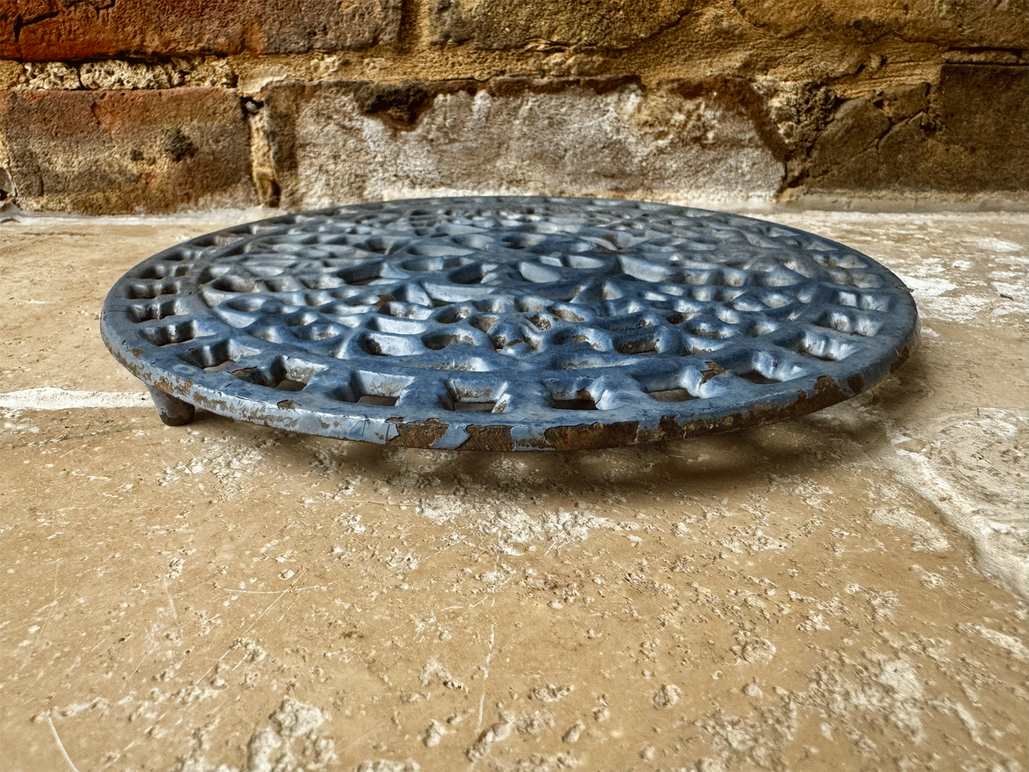 antique french blue enamel cast iron pot stand trivet cooling rack