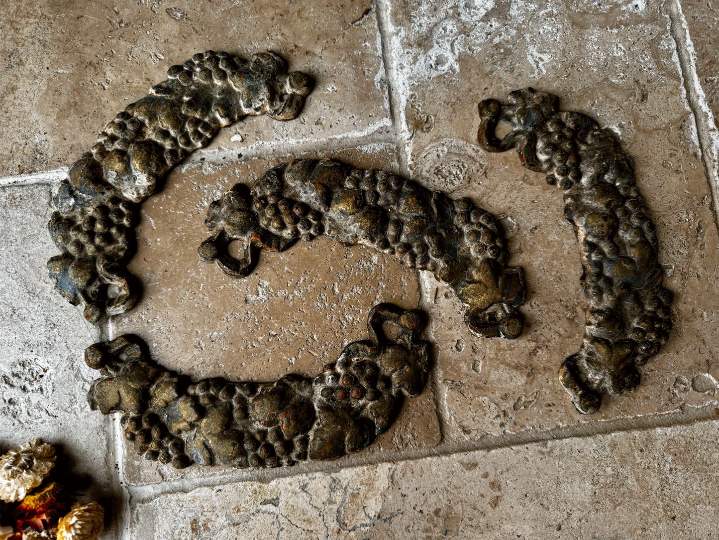 antique french decorative cast iron wall hanging plaque grape vine wine crate handle