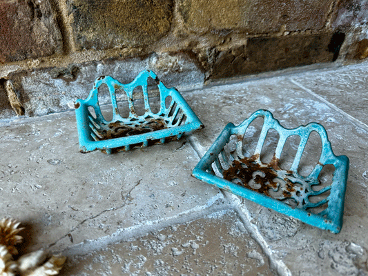 antique french chippy turquoise enamel cast iron soap dish