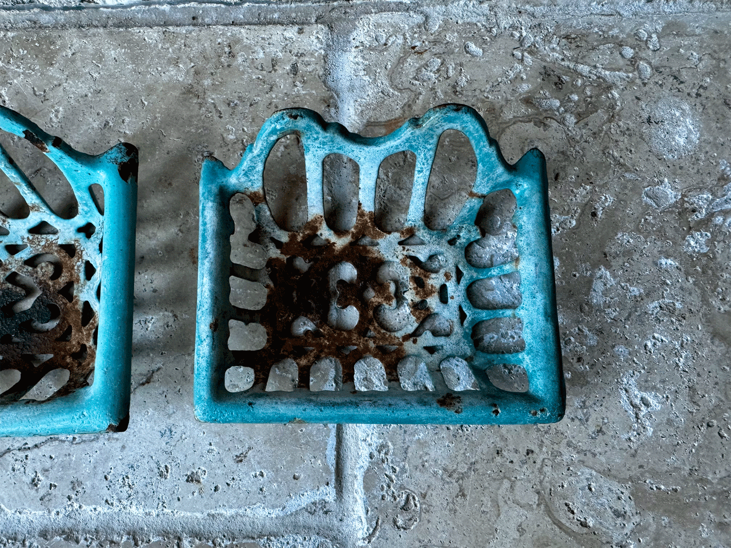 antique french chippy turquoise enamel cast iron soap dish