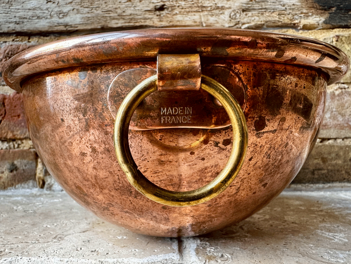 antique french copper egg whisking mixing bowl brass handle