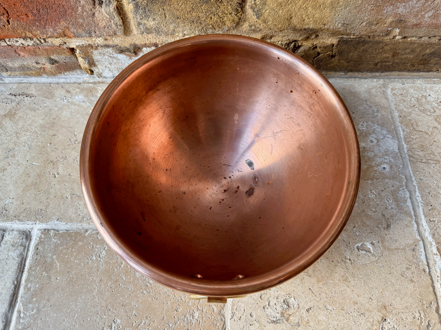 antique french copper egg whisking mixing bowl brass handle