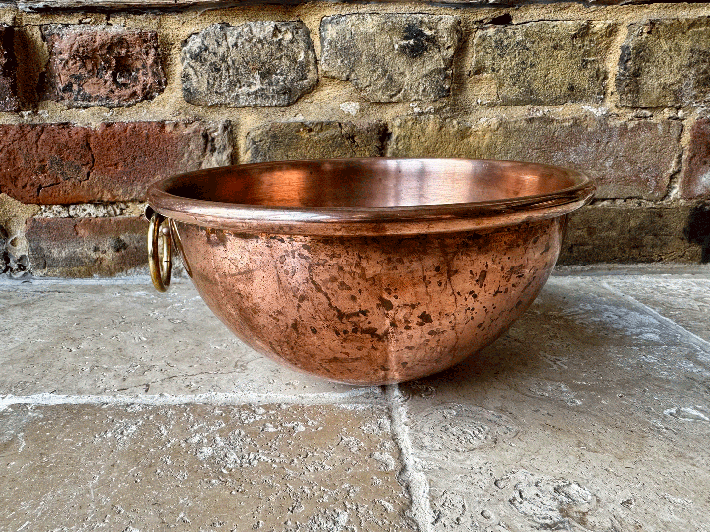 antique french copper egg whisking mixing bowl brass handle