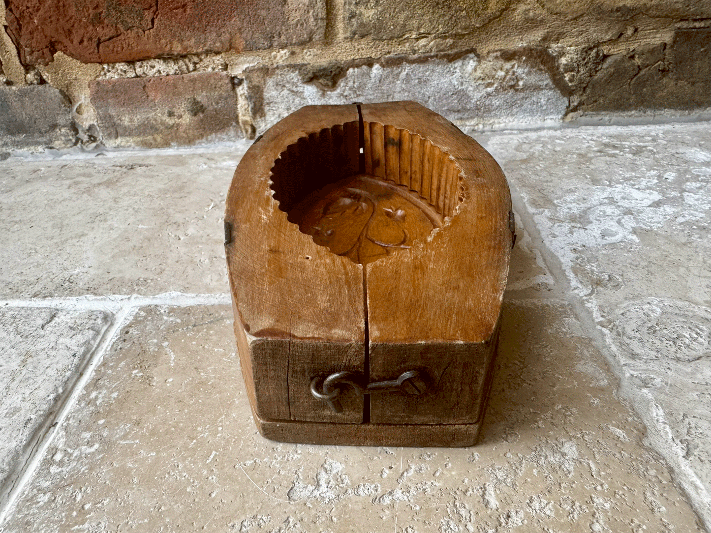antique french country rustic wooden treen carved butter brick mould rosehips foliage
