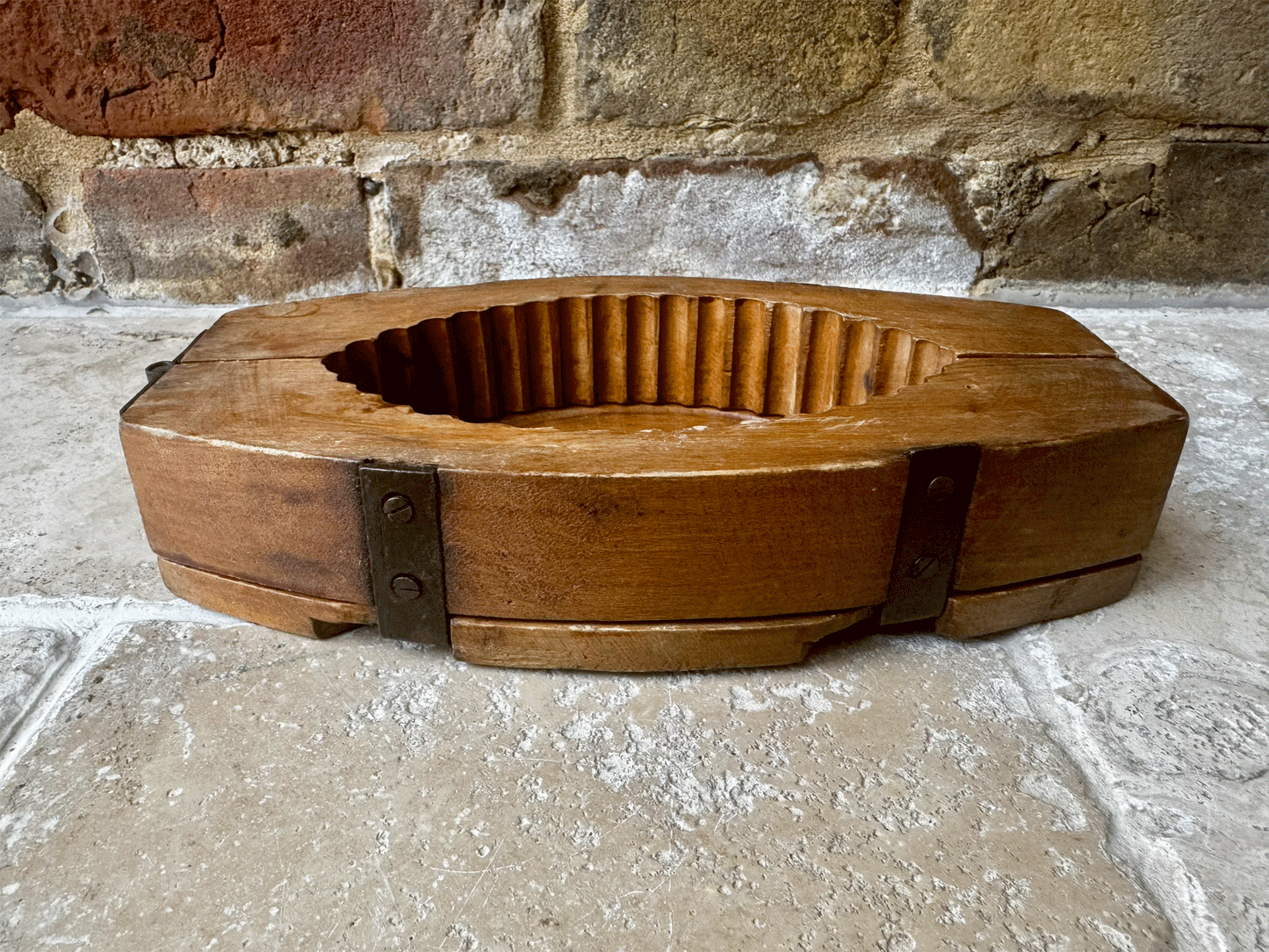 antique french country rustic wooden treen carved butter brick mould rosehips foliage