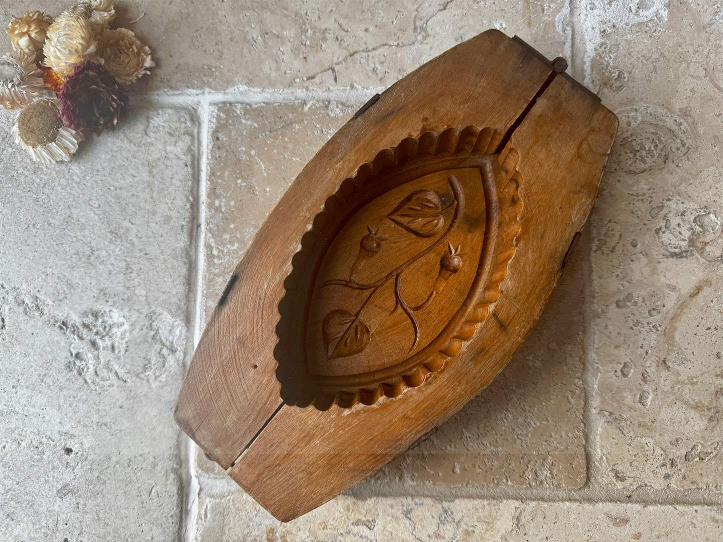 antique french country rustic wooden treen carved butter brick mould rosehips foliage