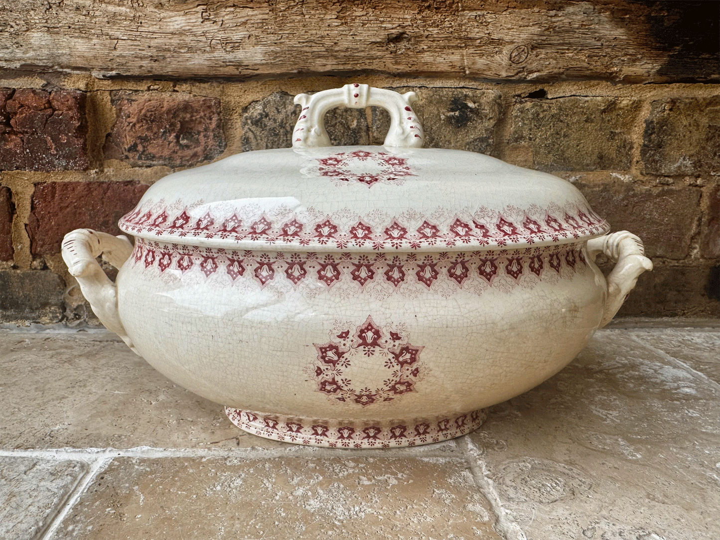 antique french large lidded pink red ironstone soupiere tureen choisy le roi boulanger terre de fer