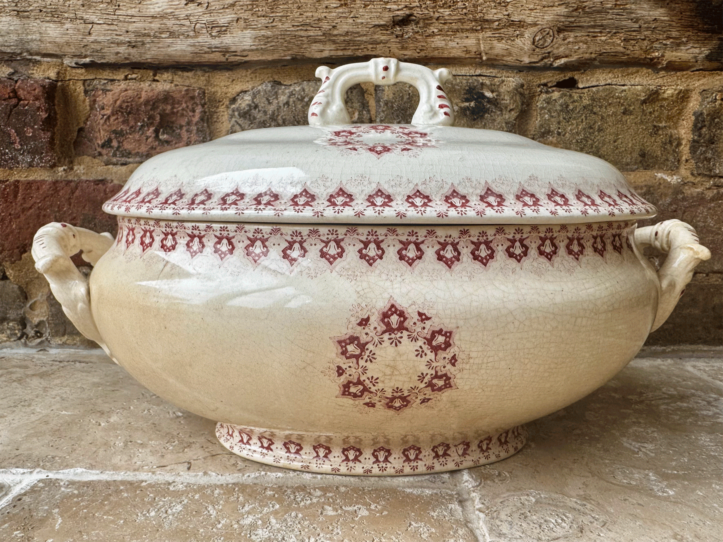 antique french large lidded pink red ironstone soupiere tureen choisy le roi boulanger terre de fer