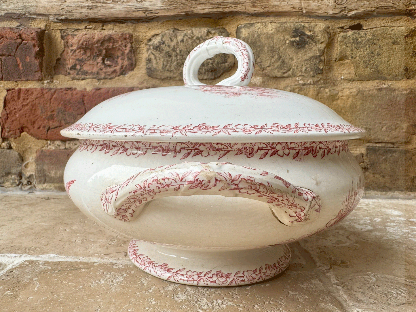 antique french pink transferware soupiere alaville st denis paris ironstone terre de fer country scenes