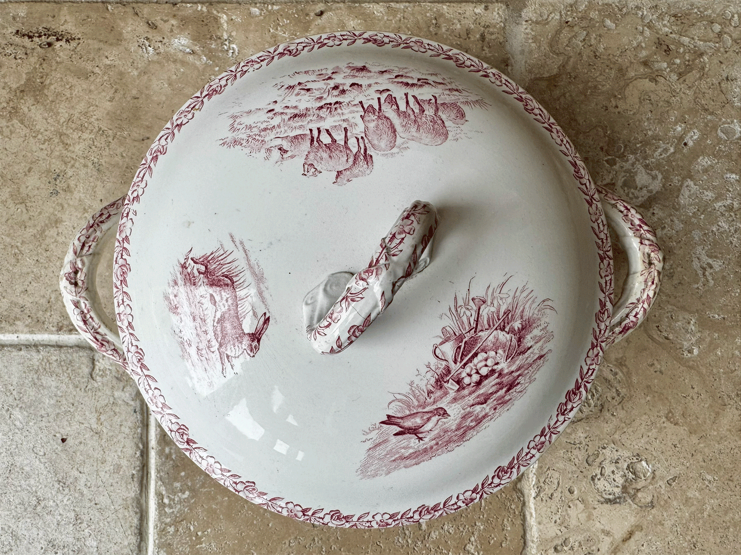 antique french pink transferware soupiere alaville st denis paris ironstone terre de fer country scenes
