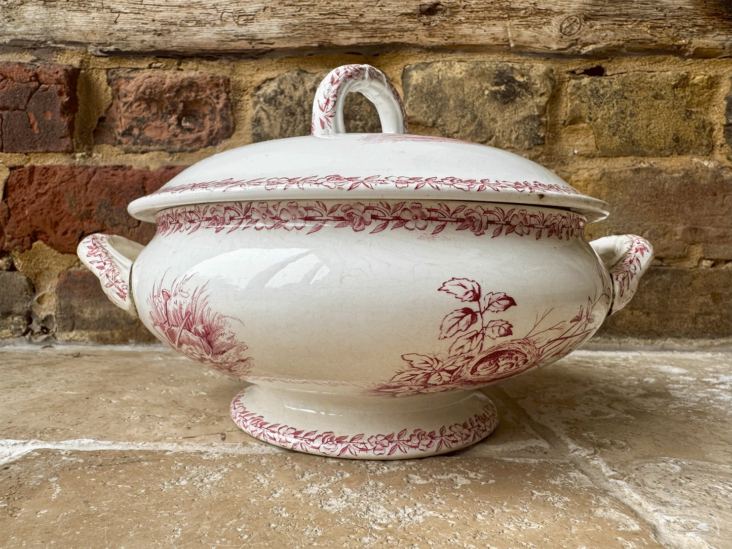antique french pink transferware soupiere alaville st denis paris ironstone terre de fer country scenes