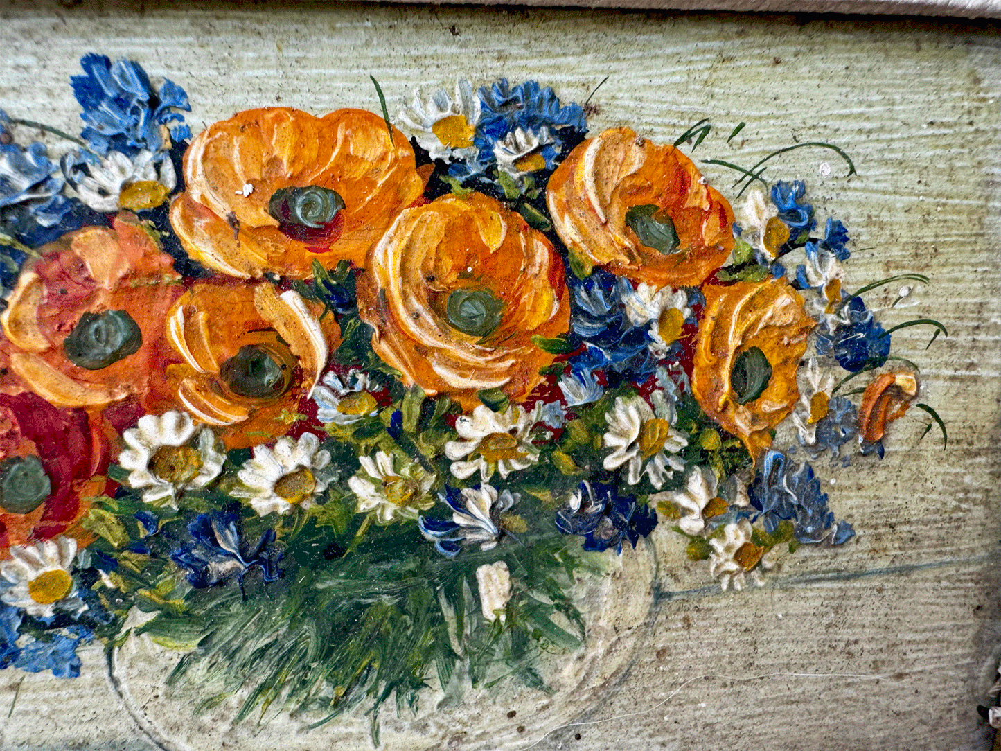 small antique french signed framed oil board florals floral composition