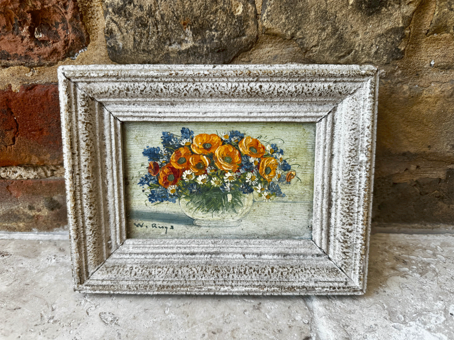 small antique french signed framed oil board florals floral composition