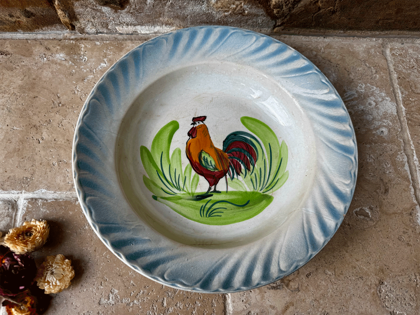 antique french large st amand serving bowl folk art hand painted chicken