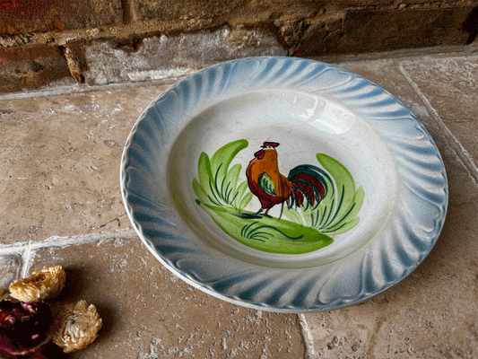 antique french large st amand serving bowl folk art hand painted chicken