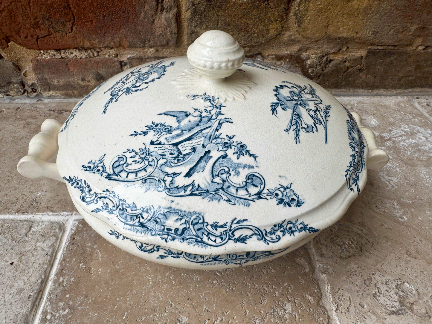 antique french buttery teal blue transferware soupiere songbirds music sheets florals pattern