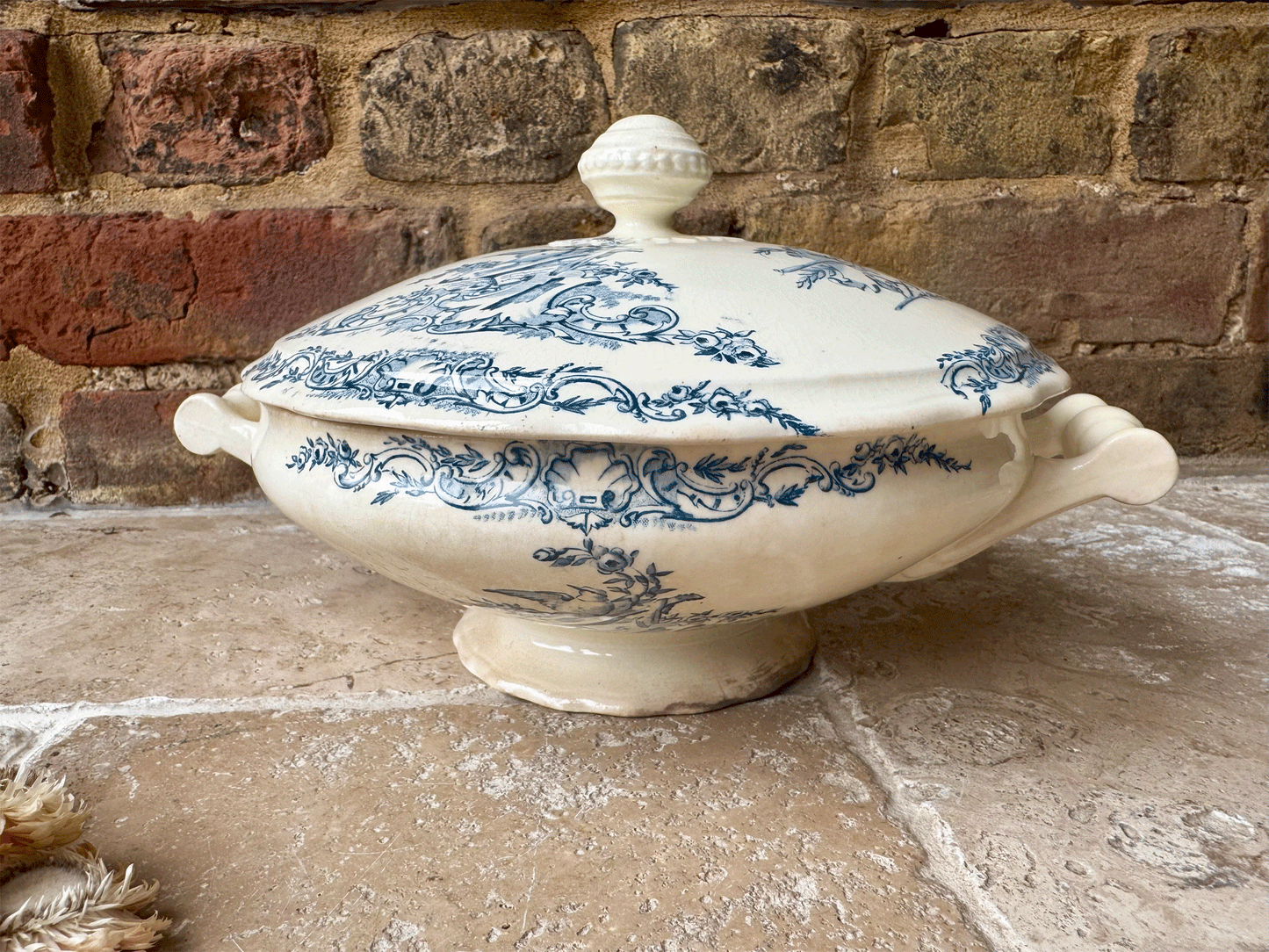 antique french buttery teal blue transferware soupiere songbirds music sheets florals pattern