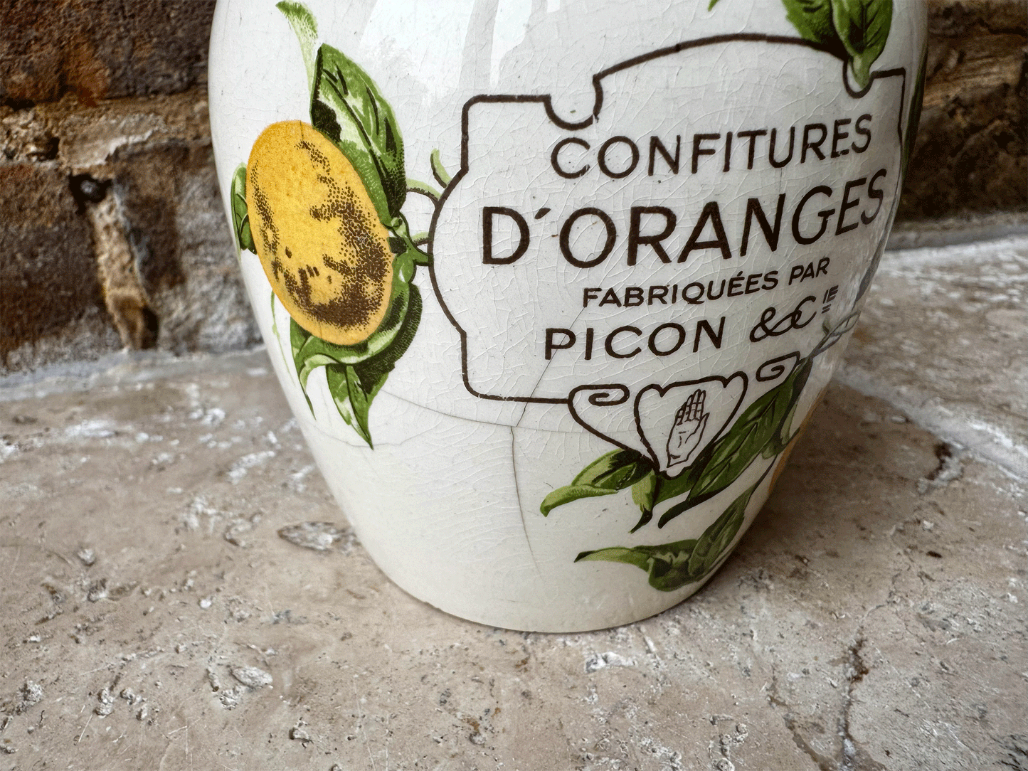 antique french rare white ironstone advertising confiture pot picon oranges