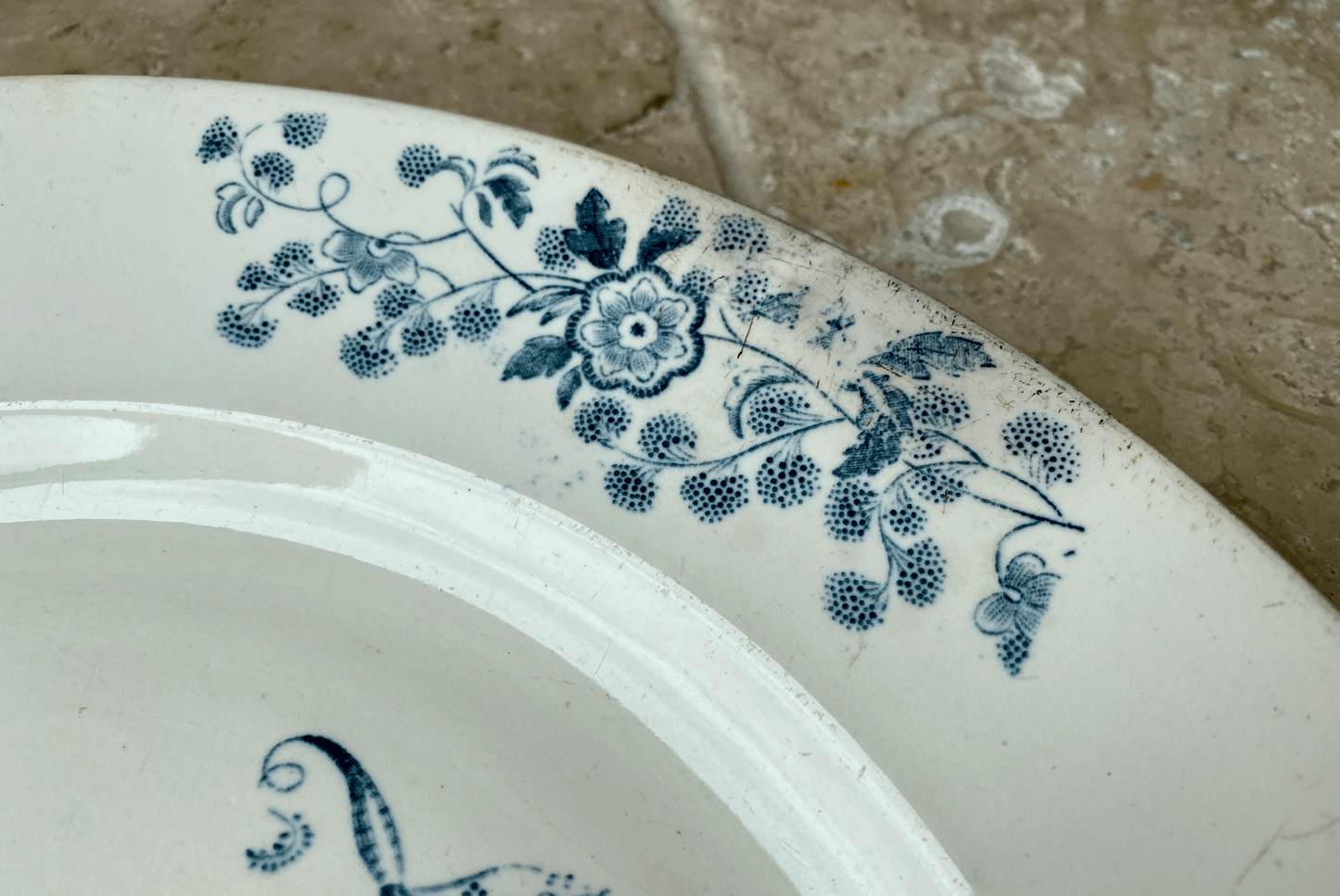 antique french large blue white ironstone transferware platter