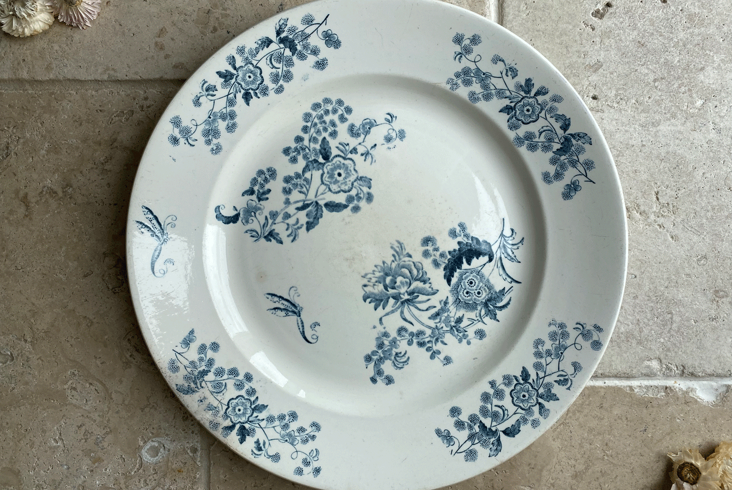 antique french large blue white ironstone transferware platter
