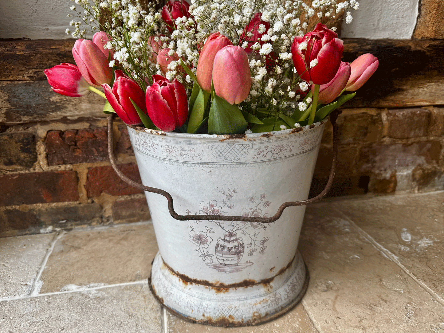 rare antique french large pink white enamel bucket floral decoration