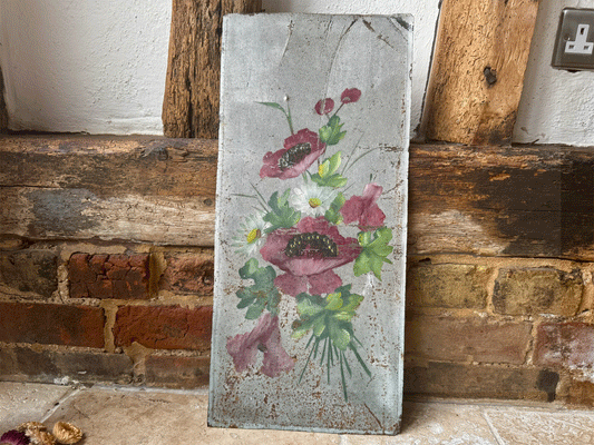 antique french oil painting toleware board florals poppies
