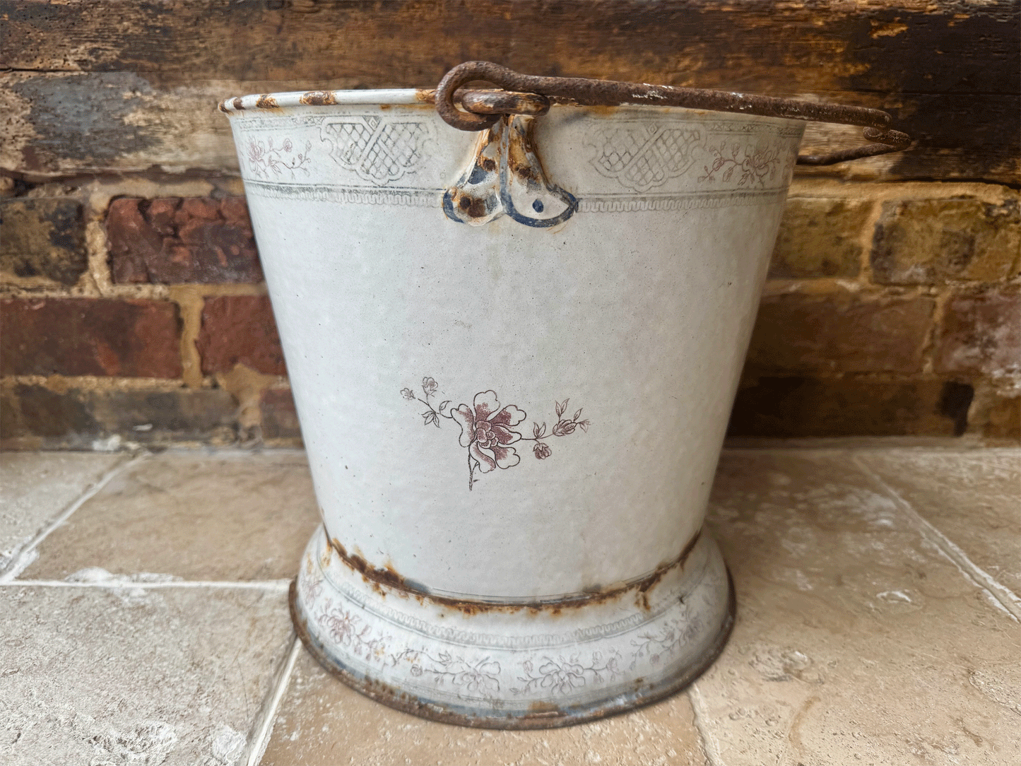 rare antique french large pink white enamel bucket floral decoration