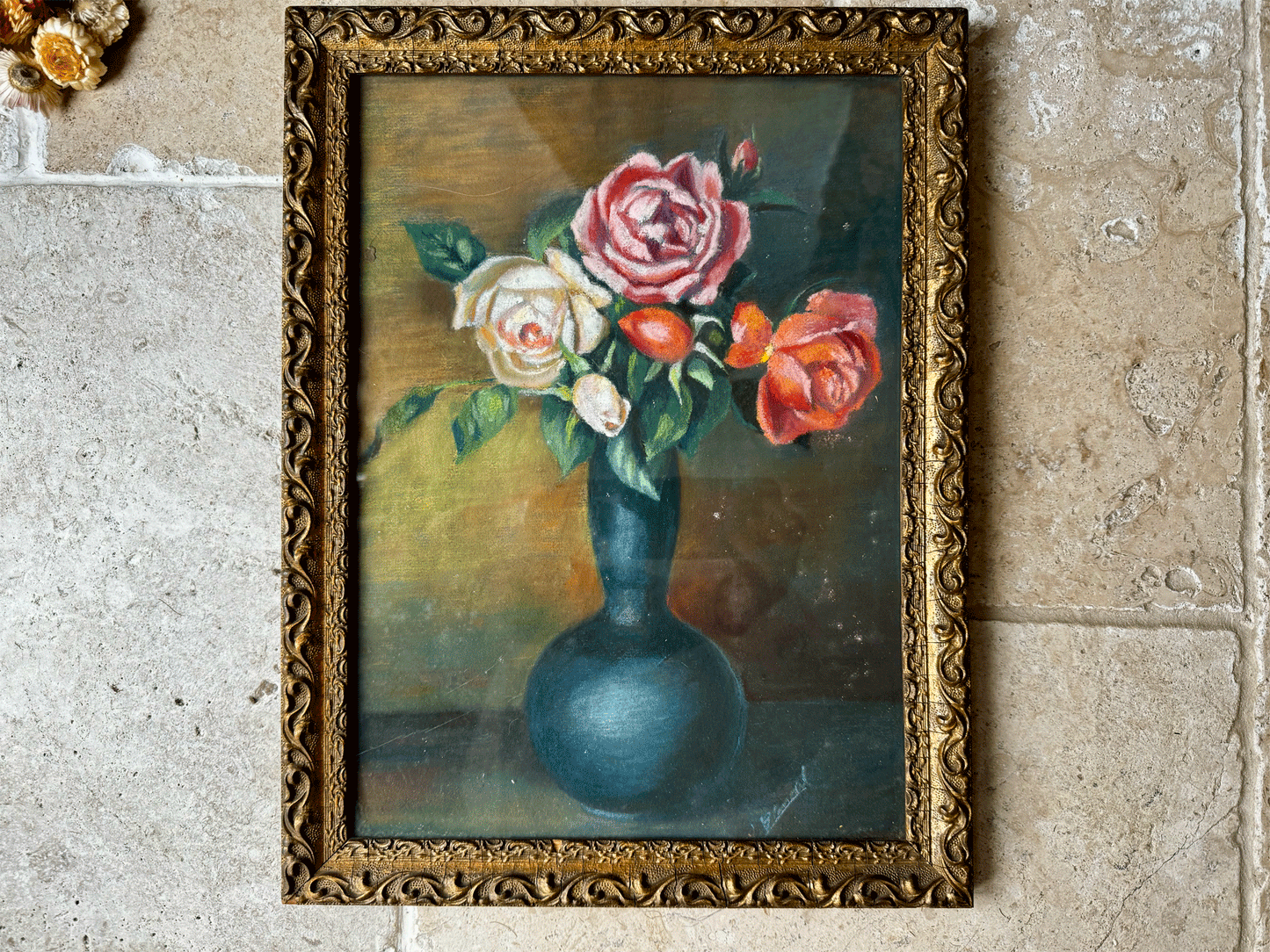 atique french 19th century still life gold framed painting roses vase gouache paper