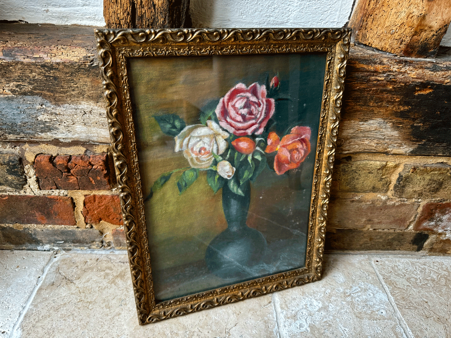 atique french 19th century still life gold framed painting roses vase gouache paper