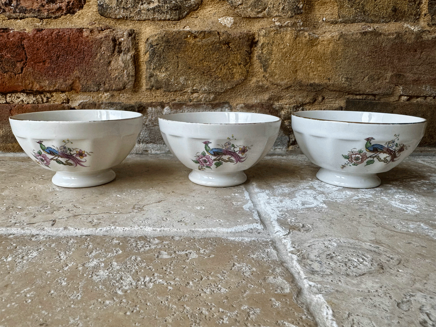 antique french limcolor porcelaine ribbed cafe au lait chocolat chaud bowl peacock floral
