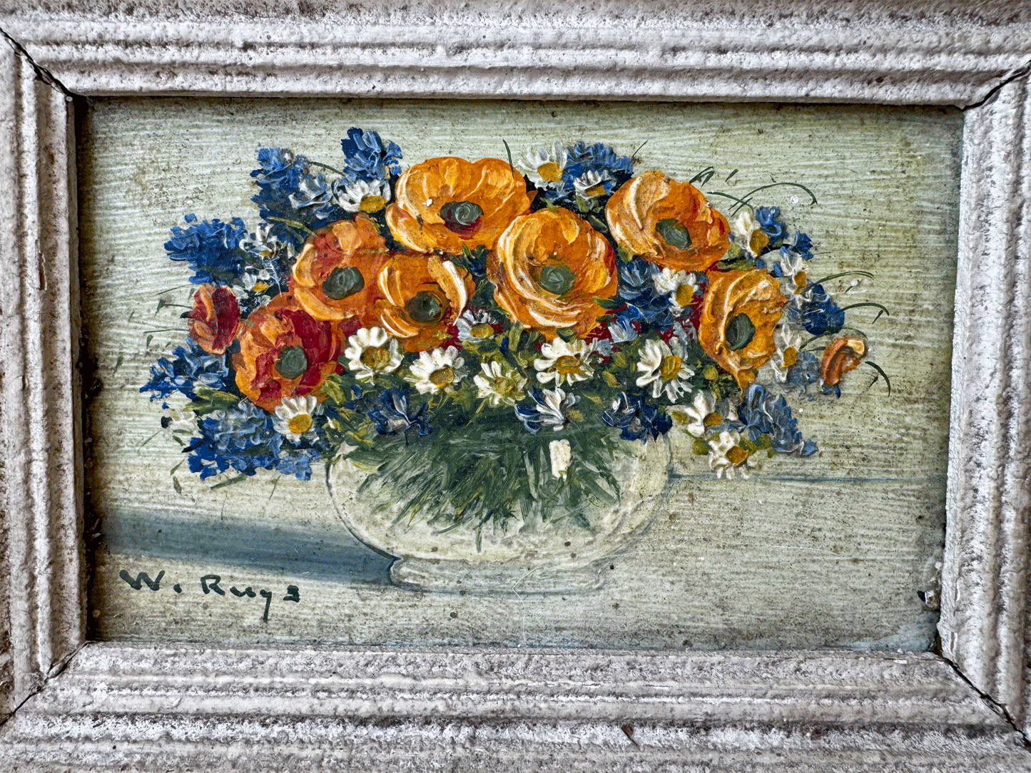 small antique french signed framed oil board florals floral composition