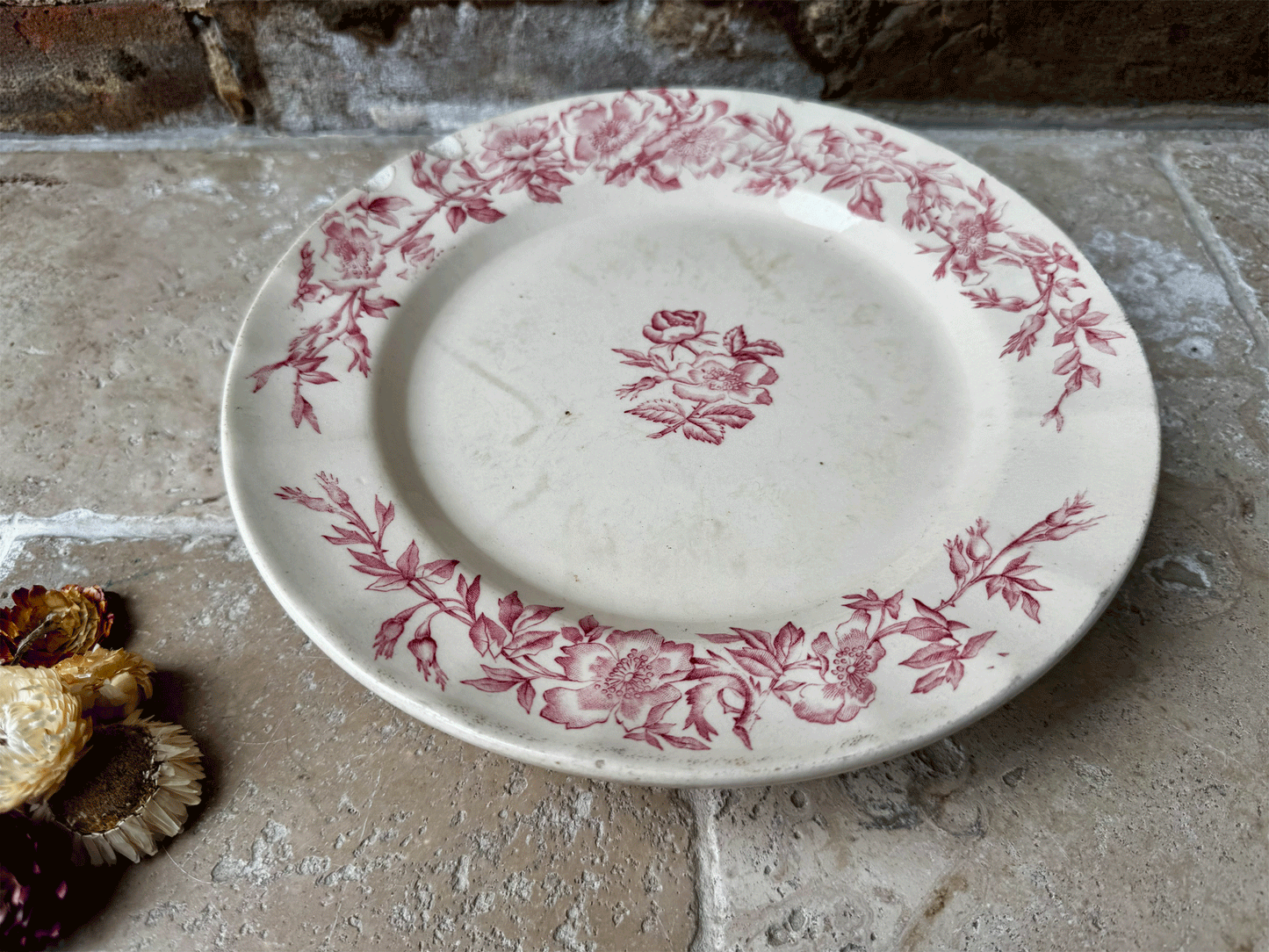 antique french pink transferware longchamp terre de fer ironstone compote compotier cake stand