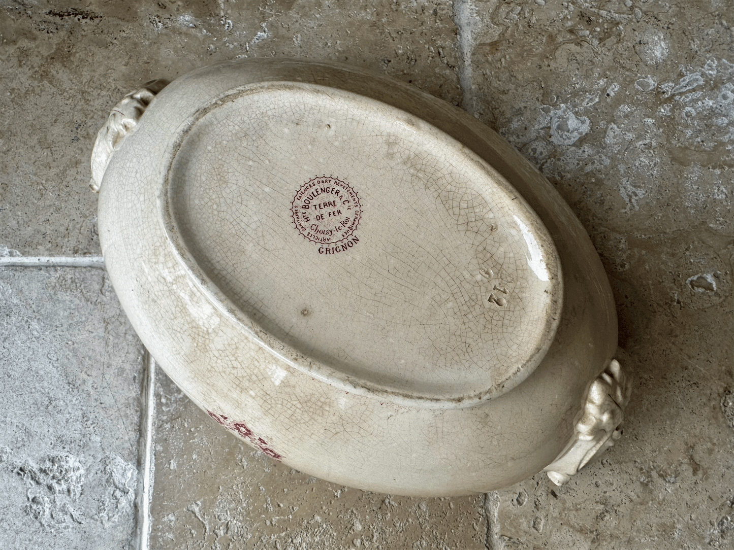 antique french large lidded pink red ironstone soupiere tureen choisy le roi boulanger terre de fer
