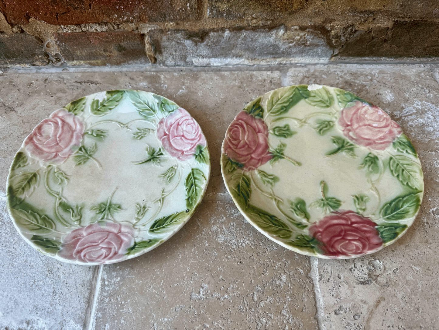 antique french majolica side plate pink roese rosettes