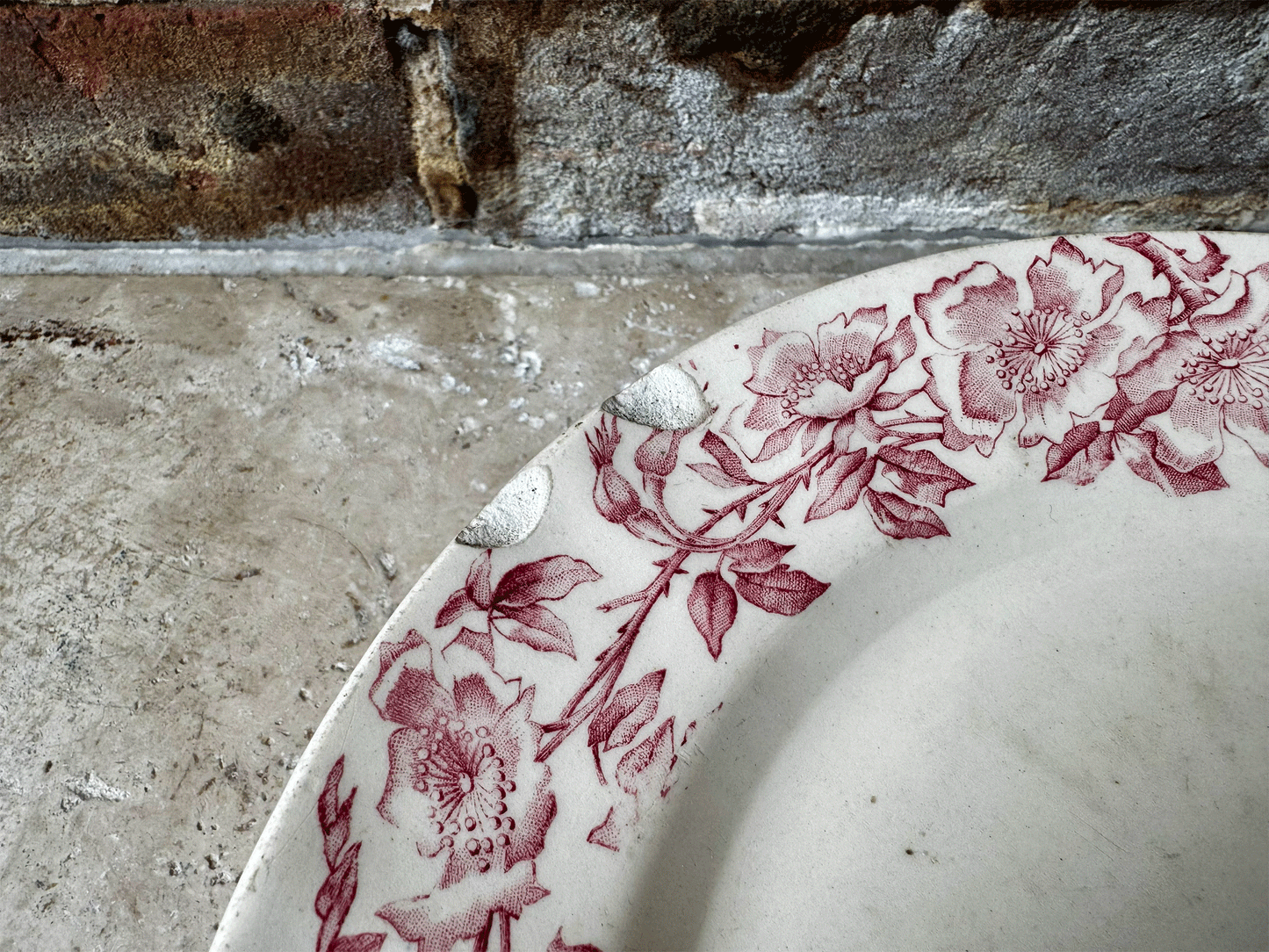 antique french pink transferware longchamp terre de fer ironstone compote compotier cake stand