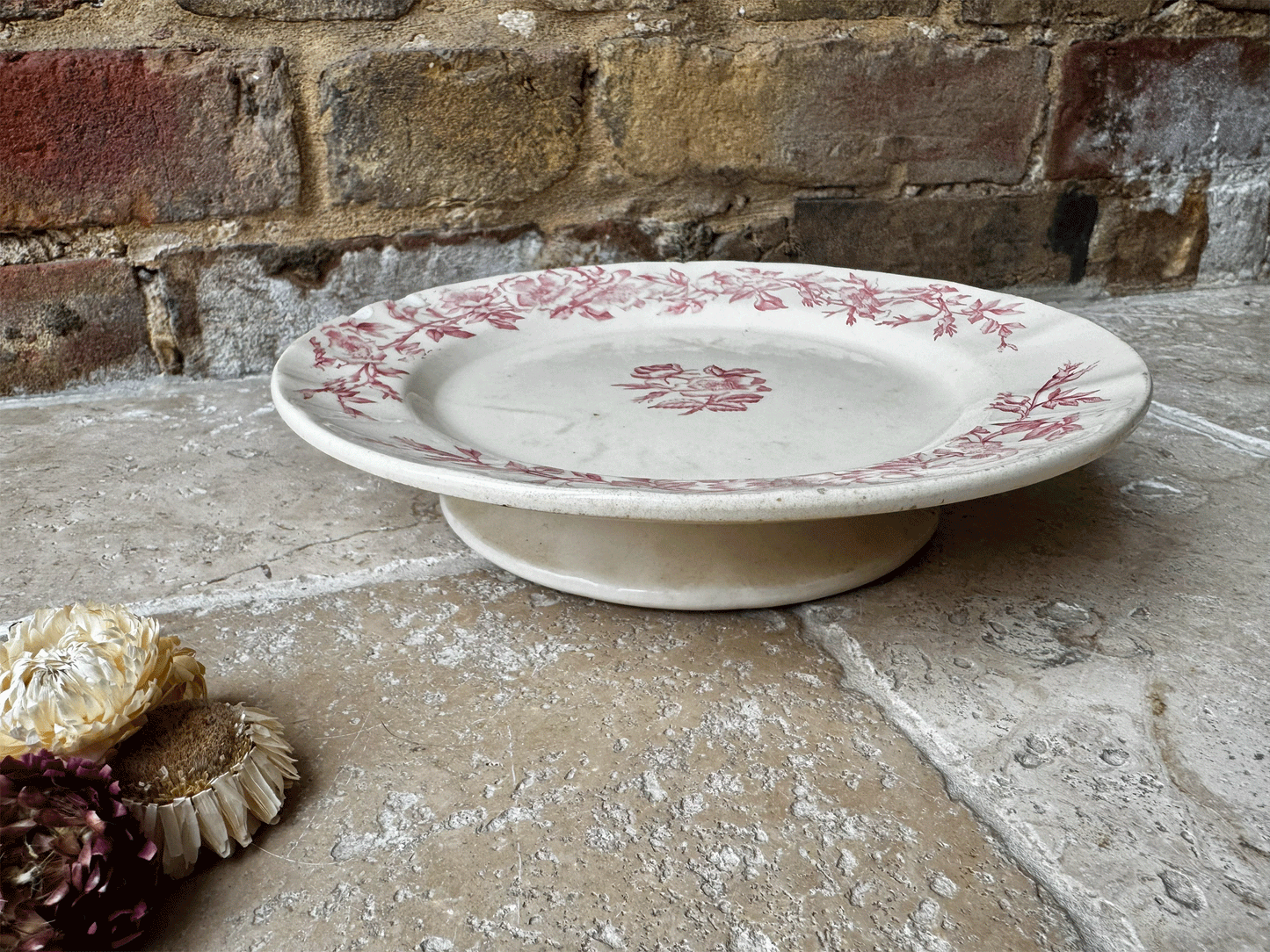 antique french pink transferware longchamp terre de fer ironstone compote compotier cake stand