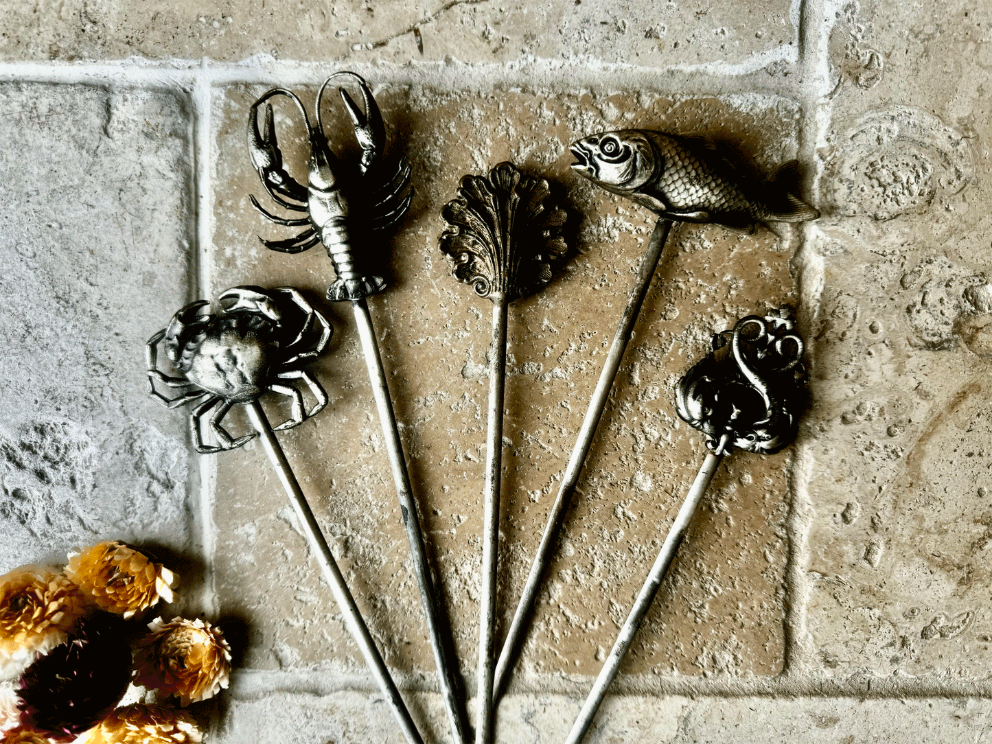 rare antique french slver plated hatelet skewer brochette crab lobster shell fish entwined dolphins