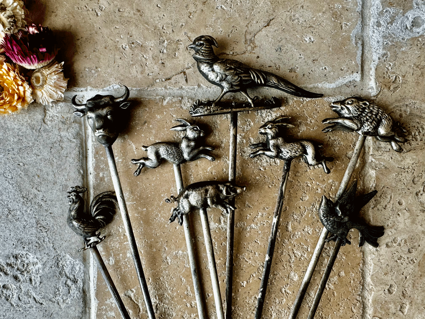 rare antique french silver plated hatelet pie skewer cockerel chicken bull rabbit pi pheasant wild boar swallow