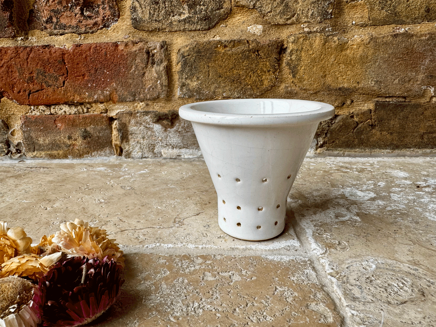 antique french rare white stoneware pierced large curd cheese faisselle mould pot