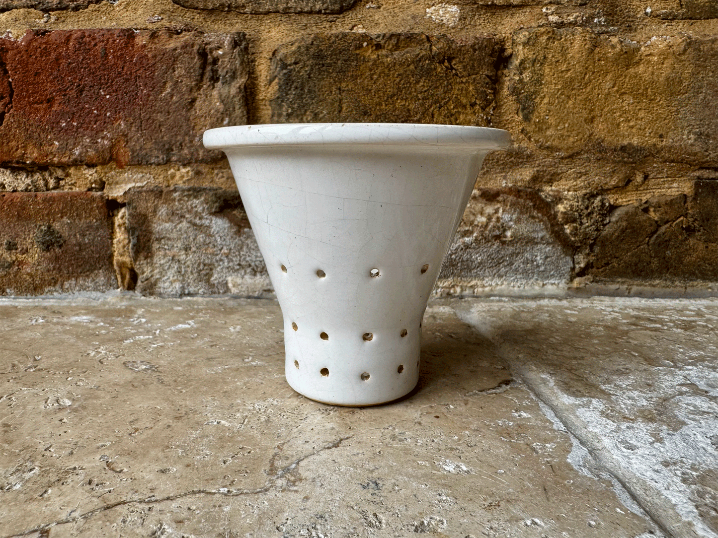 antique french rare white stoneware pierced large curd cheese faisselle mould pot