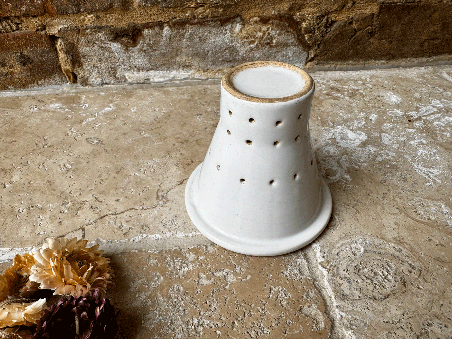antique french rare white stoneware pierced large curd cheese faisselle mould pot