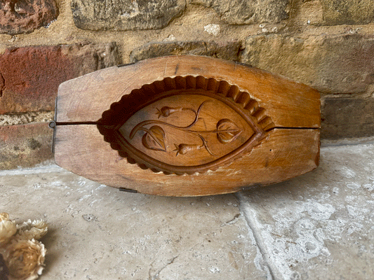 antique french country rustic wooden treen carved butter brick mould rosehips foliage