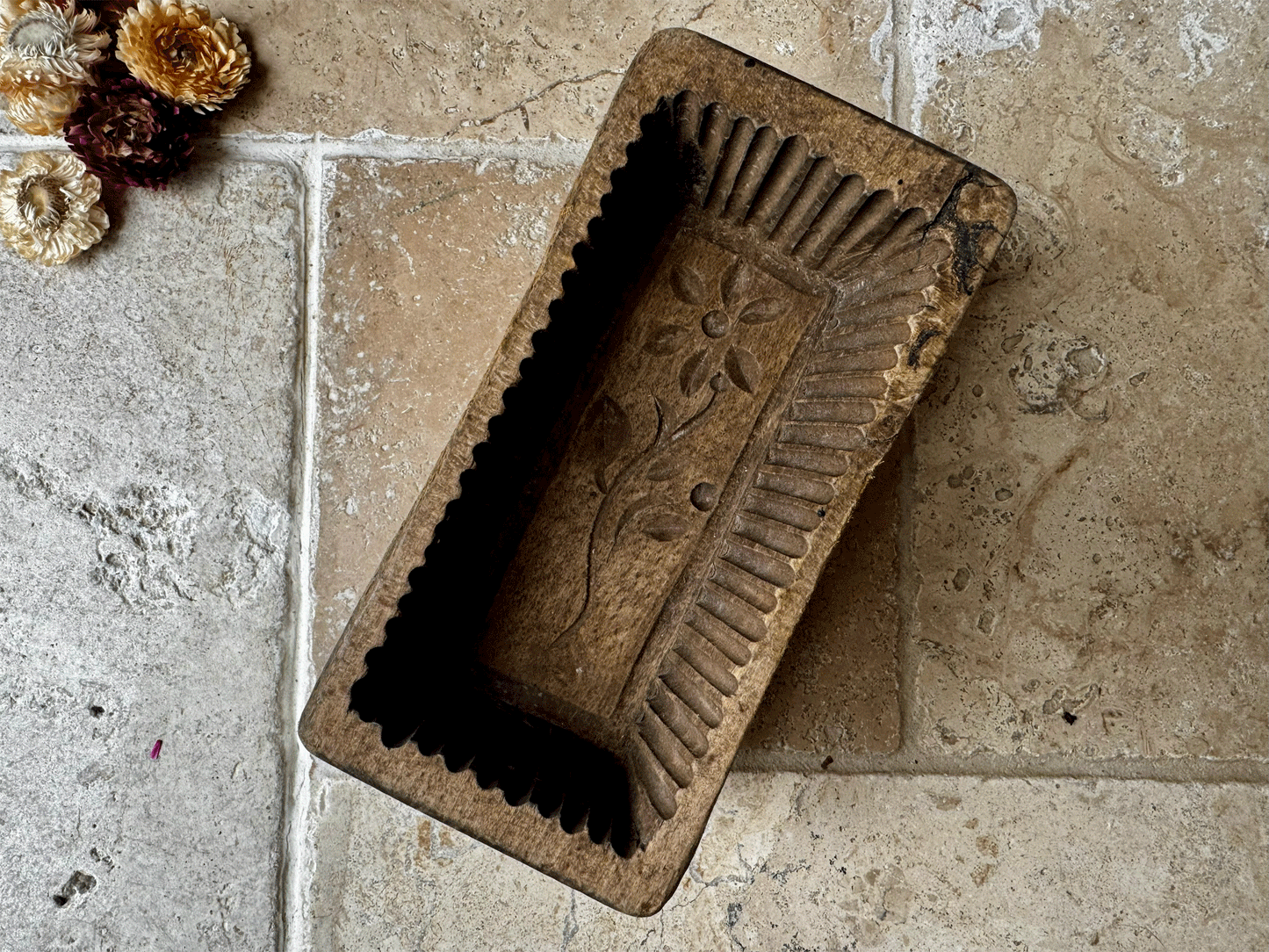 antique primitive 19th century carved wooden treen butter brick mould floral decoration