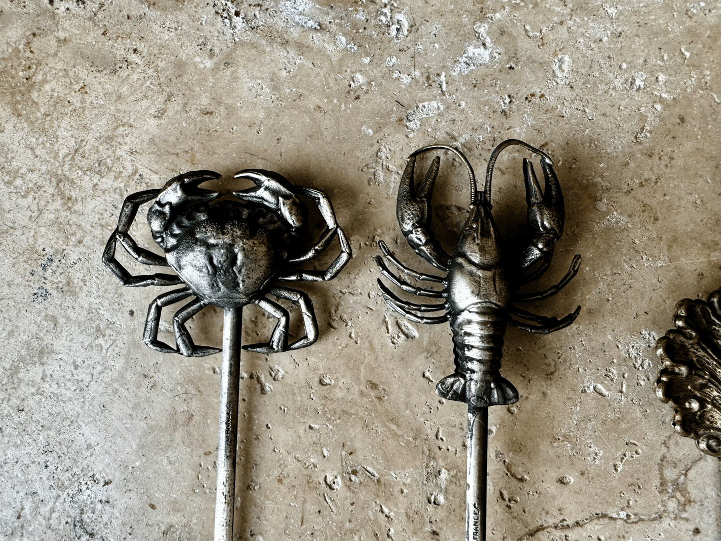 rare antique french slver plated hatelet skewer brochette crab lobster shell fish entwined dolphins