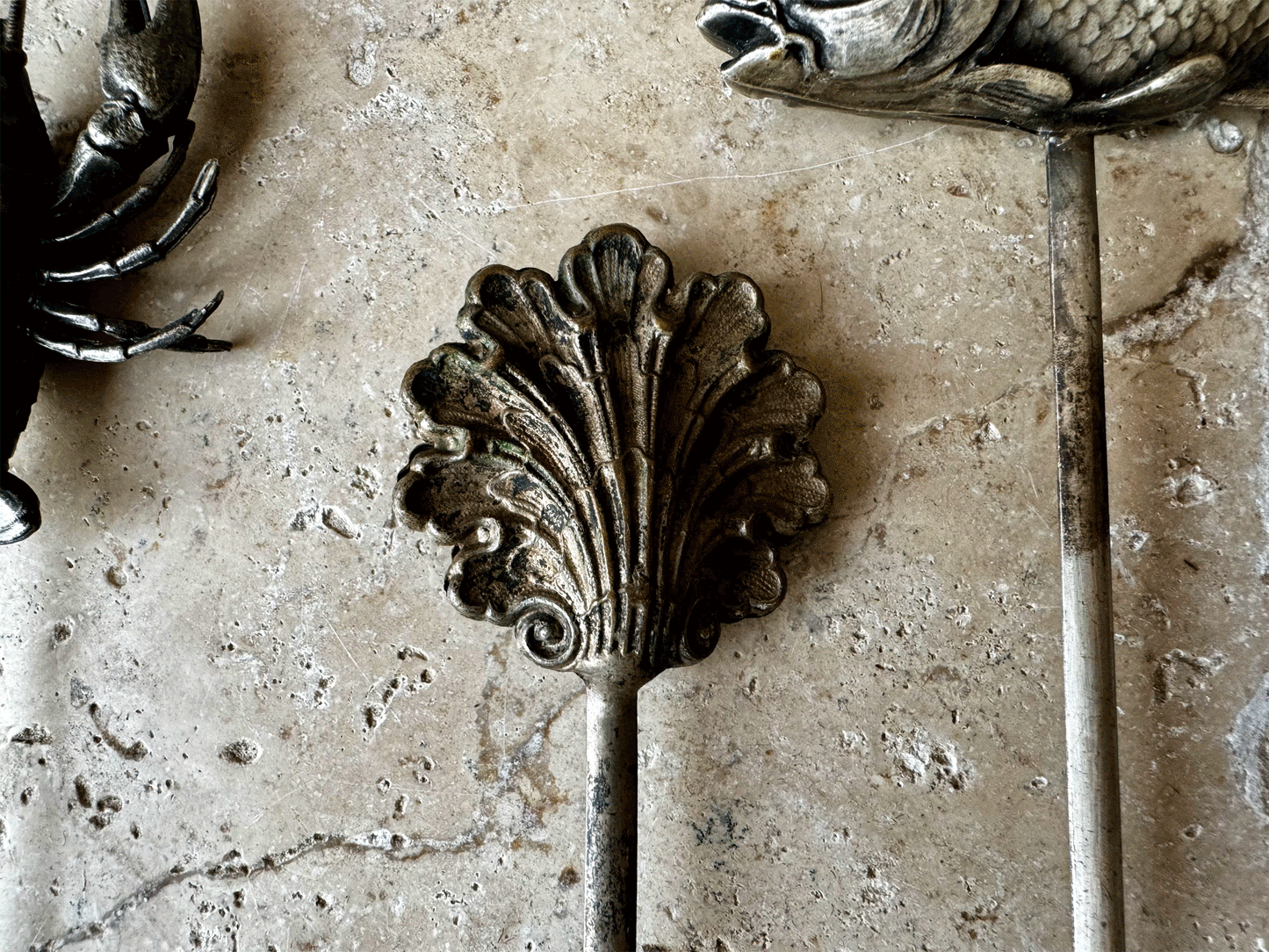 rare antique french slver plated hatelet skewer brochette crab lobster shell fish entwined dolphins