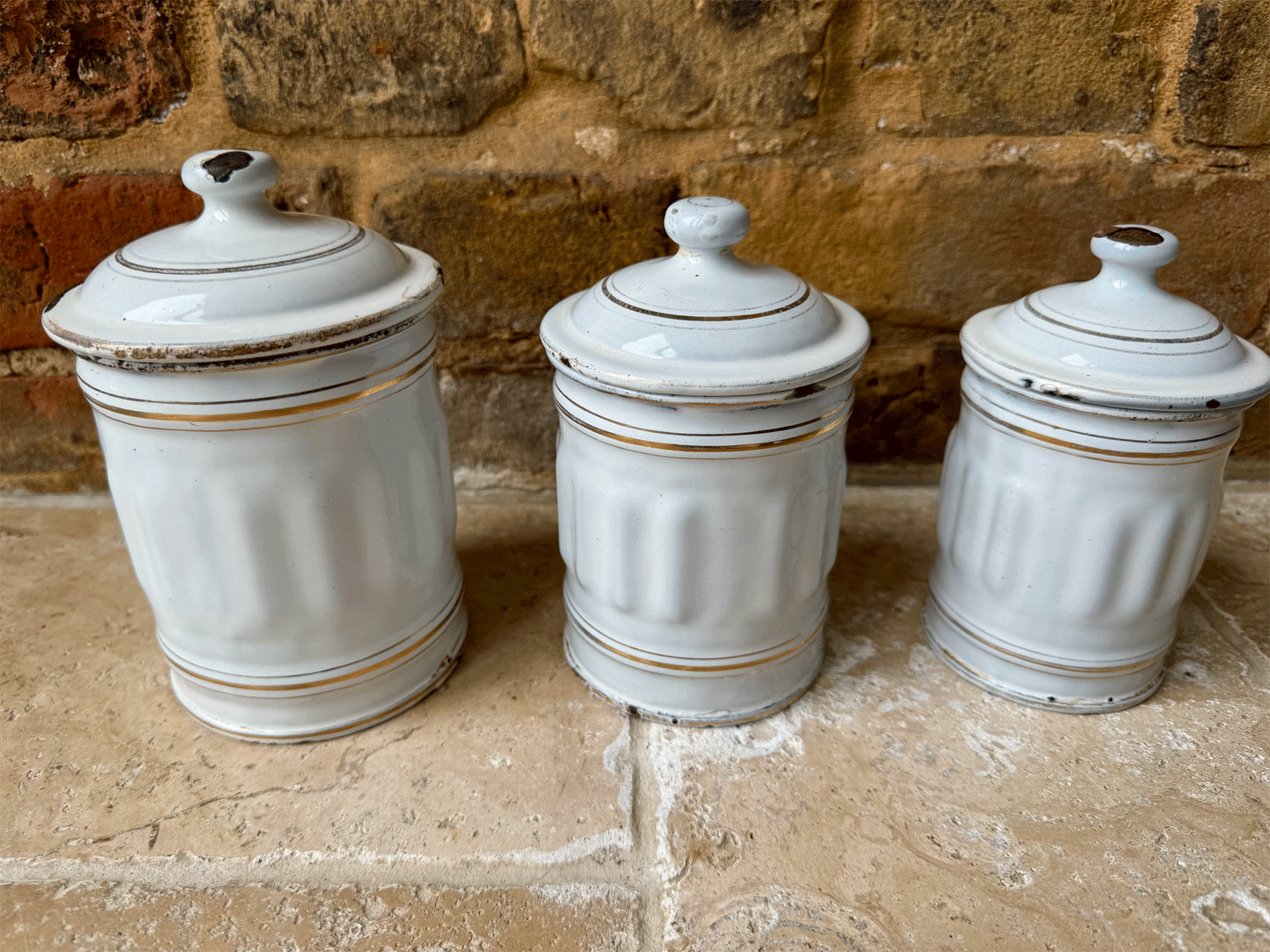 antique french complete set six white gold enamel kitchen storage jars canisters