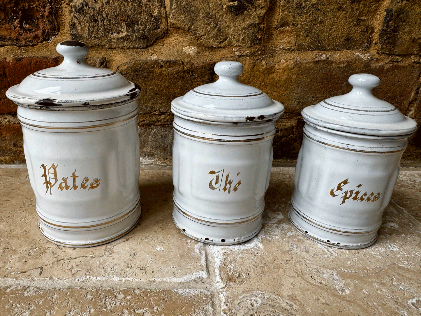 antique french complete set six white gold enamel kitchen storage jars canisters