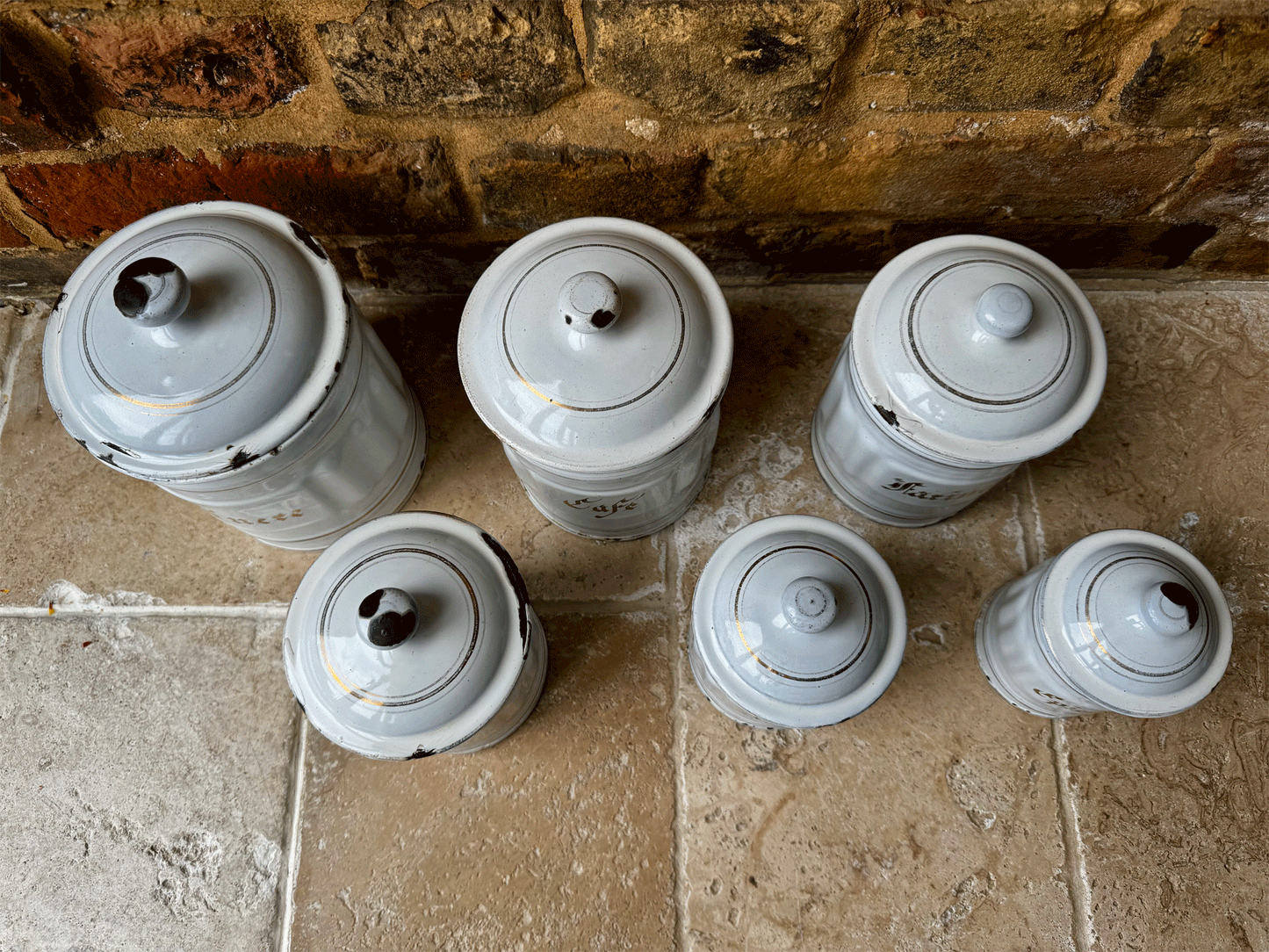 antique french complete set six white gold enamel kitchen storage jars canisters