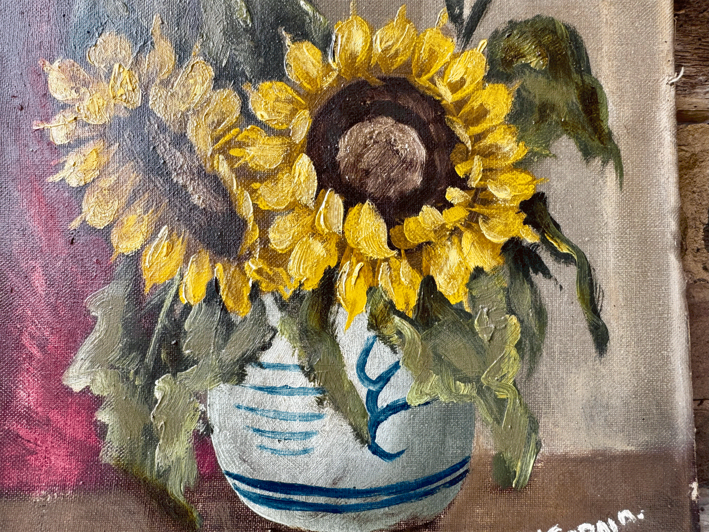 antique french signed still life floral oil canvas sunflowers vase