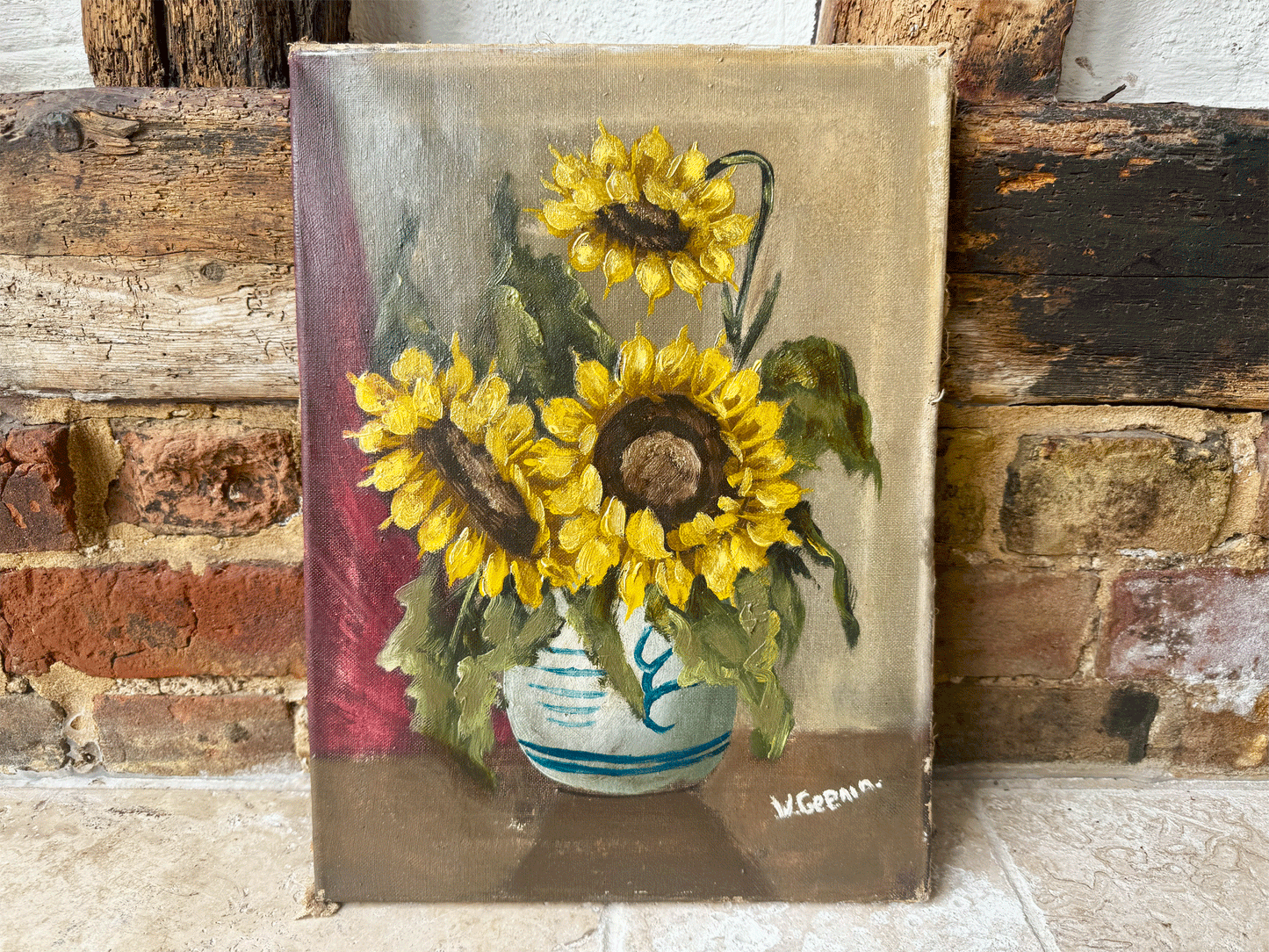 antique french signed still life floral oil canvas sunflowers vase